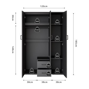 Armoire TOM – 3 portes – Coloris gris anthracite – Penderie + étagères – L120 cm – Design