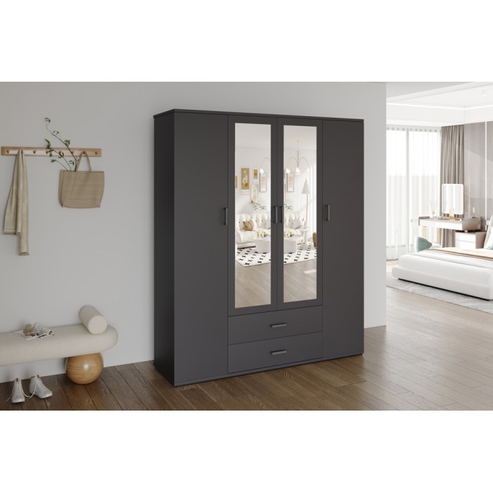 Armoire TOM – 4 portes avec miroirs – Coloris gris anthracite – L160 cm – Design moderne et grand rangement