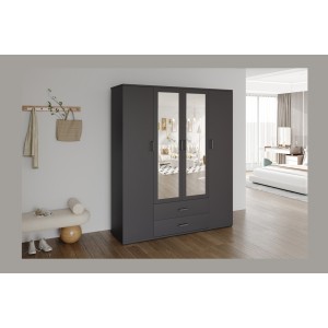 Armoire TOM – 4 portes avec miroirs – Coloris gris anthracite – L160 cm – Design moderne et grand rangement