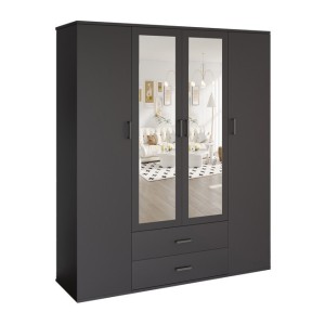 Armoire TOM – 4 portes avec miroirs – Coloris gris anthracite – L160 cm – Design moderne et grand rangement