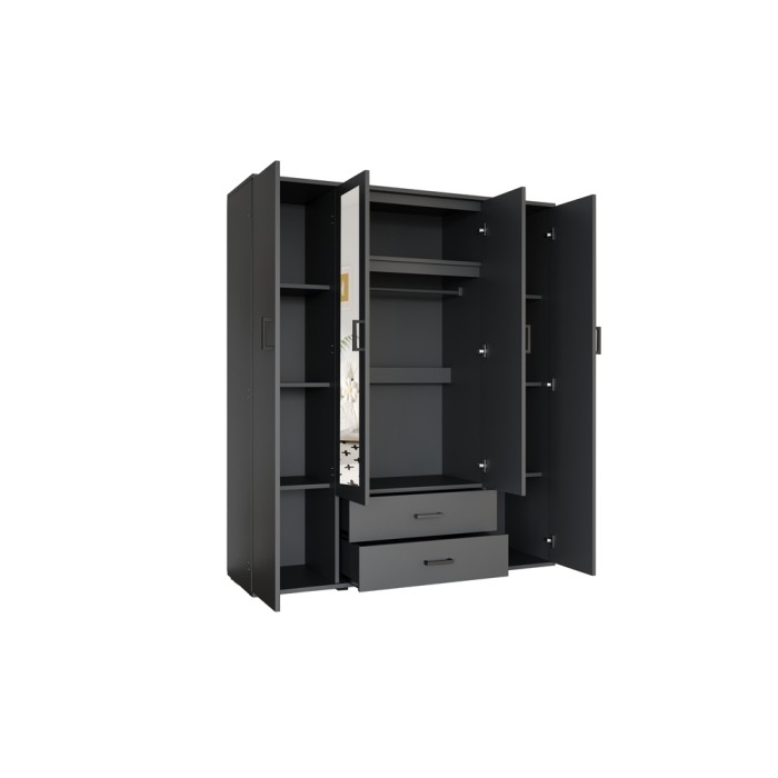 Armoire TOM – 4 portes avec miroirs – Coloris gris anthracite – L160 cm – Design moderne et grand rangement