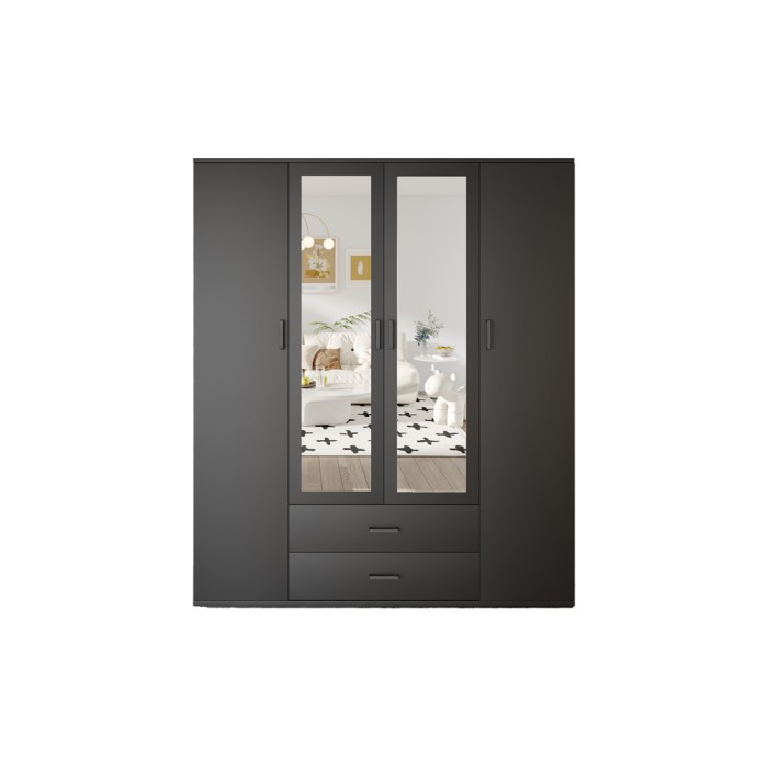 Armoire TOM – 4 portes avec miroirs – Coloris gris anthracite – L160 cm – Design moderne et grand rangement
