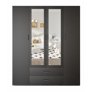 Armoire TOM – 4 portes avec miroirs – Coloris gris anthracite – L160 cm – Design moderne et grand rangement