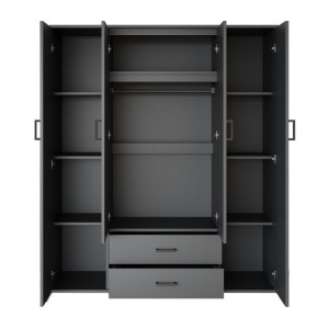 Armoire TOM – 4 portes avec miroirs – Coloris gris anthracite – L160 cm – Design moderne et grand rangement