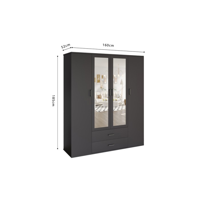 Armoire TOM – 4 portes avec miroirs – Coloris gris anthracite – L160 cm – Design moderne et grand rangement