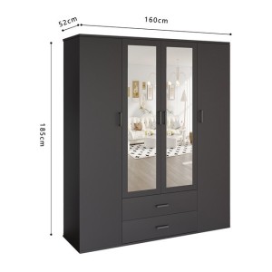 Armoire TOM – 4 portes avec miroirs – Coloris gris anthracite – L160 cm – Design moderne et grand rangement