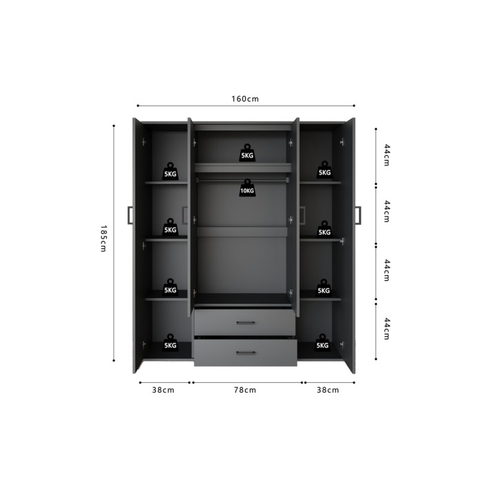 Armoire TOM – 4 portes avec miroirs – Coloris gris anthracite – L160 cm – Design moderne et grand rangement