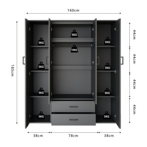 Armoire TOM – 4 portes avec miroirs – Coloris gris anthracite – L160 cm – Design moderne et grand rangement