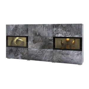 Buffet 130 cm RAMOS – Gris effet ardoise et noir – LED multicolores intégrées – 2 portes vitrées + 3 tiroirs