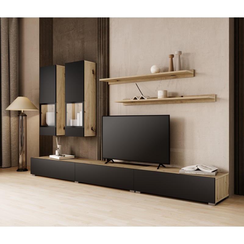 Ensemble meubles de salon RAMOS – Chêne et noir super mat – LED multicolores intégrées