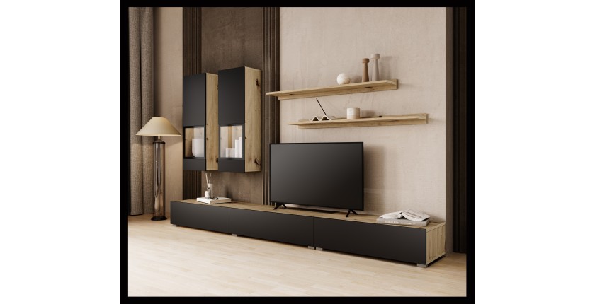 Ensemble meubles de salon RAMOS – Chêne et noir super mat – LED multicolores intégrées
