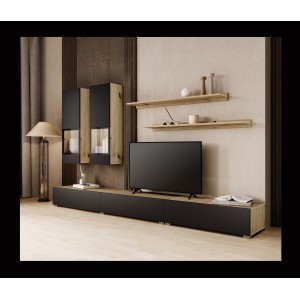 Ensemble meubles de salon RAMOS – Chêne et noir super mat – LED multicolores intégrées