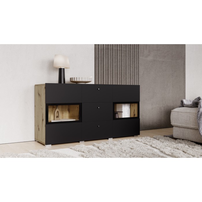 Buffet RAMOS 130 cm – Chêne et noir super mat – 2 portes vitrées et 3 tiroirs – Sans LED