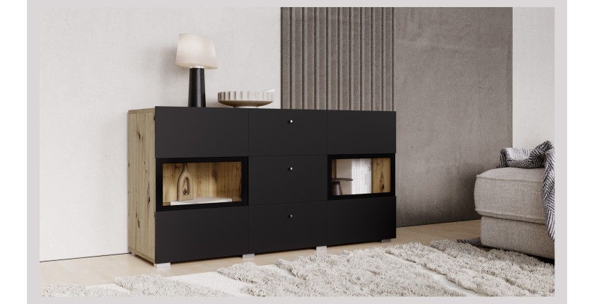 Buffet RAMOS 130 cm – Chêne et noir super mat – 2 portes vitrées et 3 tiroirs – Sans LED