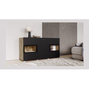 Buffet RAMOS 130 cm – Chêne et noir super mat – 2 portes vitrées et 3 tiroirs – Sans LED