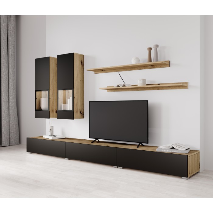 Ensemble meubles de salon RAMOS – Chêne et noir super mat – Design contemporain sans LED