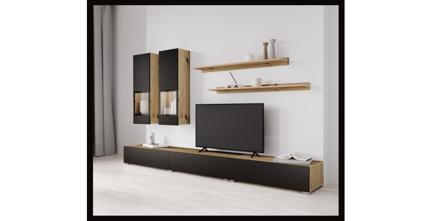 Ensemble meubles de salon RAMOS – Chêne et noir super mat – Design contemporain sans LED