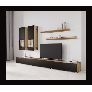 Ensemble meubles de salon RAMOS – Chêne et noir super mat – Design contemporain sans LED