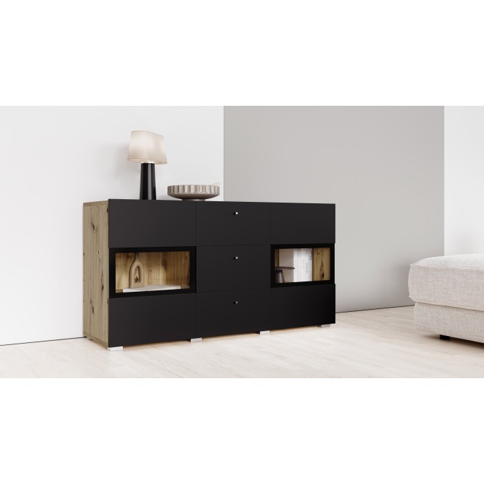 Buffet RAMOS 130 cm – Chêne et noir super mat – LED multicolores intégrées – 2 portes vitrées + 3 tiroirs