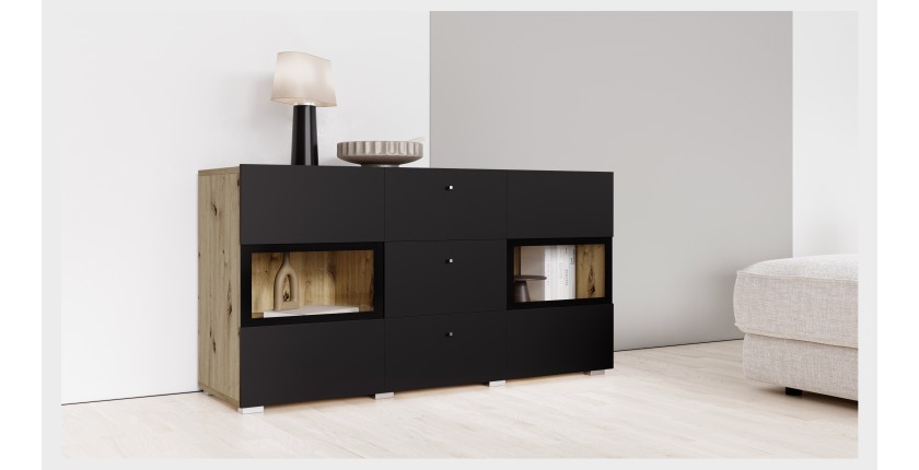 Buffet RAMOS 130 cm – Chêne et noir super mat – LED multicolores intégrées – 2 portes vitrées + 3 tiroirs