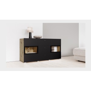 Buffet RAMOS 130 cm – Chêne et noir super mat – LED multicolores intégrées – 2 portes vitrées + 3 tiroirs