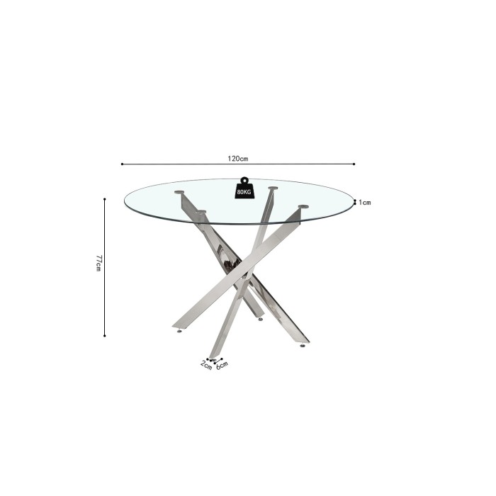 Table à manger CRISTELIA – Ronde Ø120 cm – Plateau en verre – Pieds chromés – Design élégant et moderne 