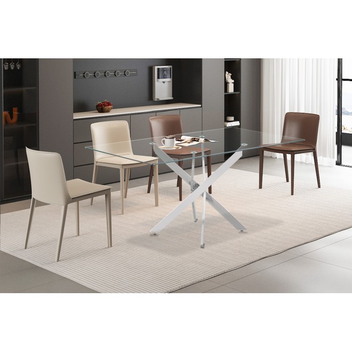Table à manger CRISTELIA – 160x90 cm – Plateau en verre – Pieds en métal chromé – Design élégant et lumineux 