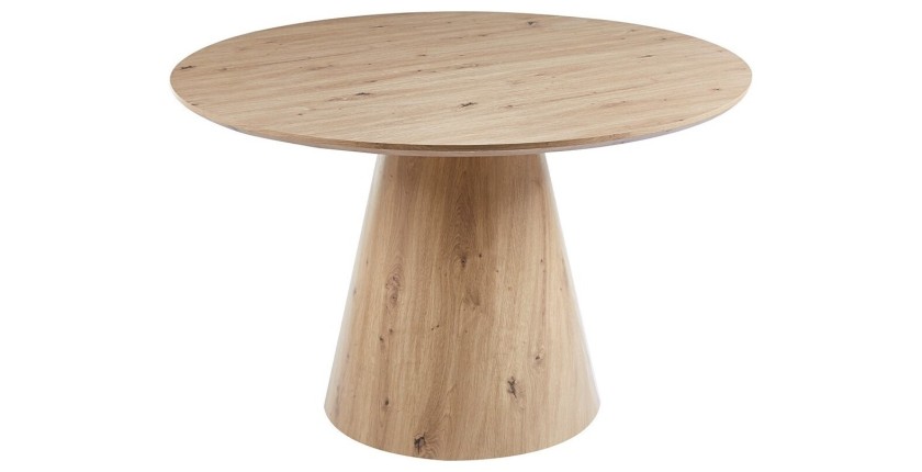 Table à manger SOLENA – Ø120 cm – Coloris chêne vieilli – Design rond – Style contemporain et chaleureux 
