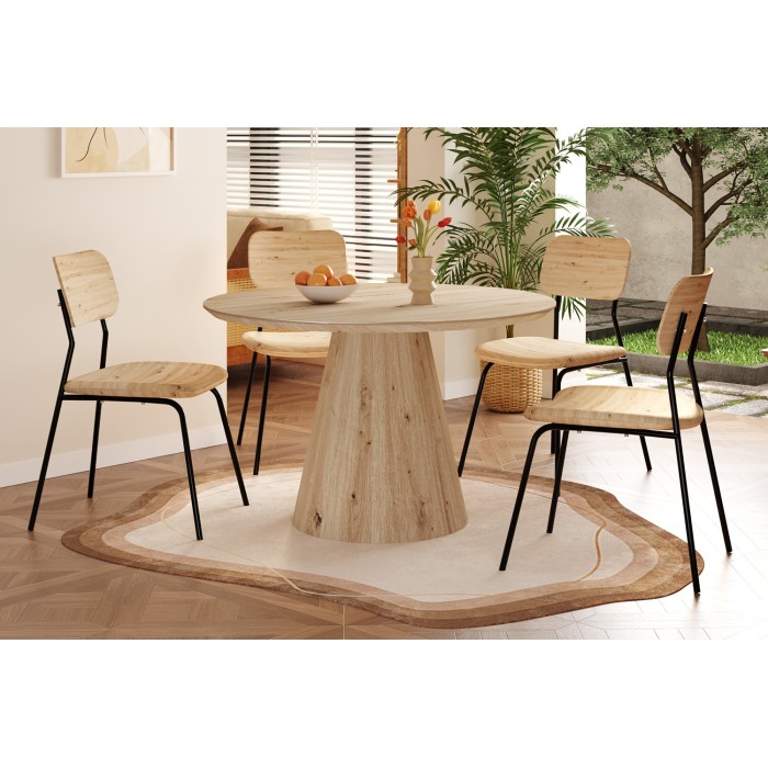 Table à manger SOLENA – Ø120 cm – Coloris chêne vieilli – Design rond – Style contemporain et chaleureux 