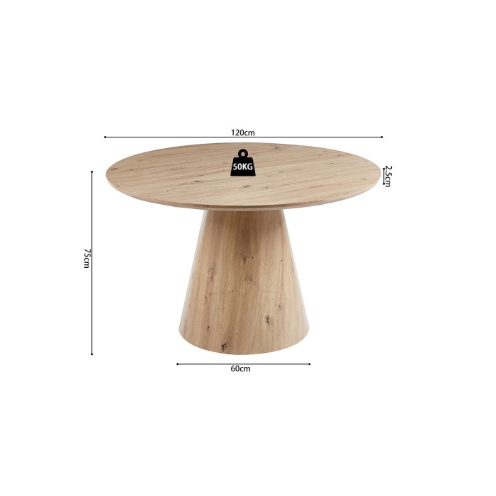 Table à manger SOLENA – Ø120 cm – Coloris chêne vieilli – Design rond – Style contemporain et chaleureux 