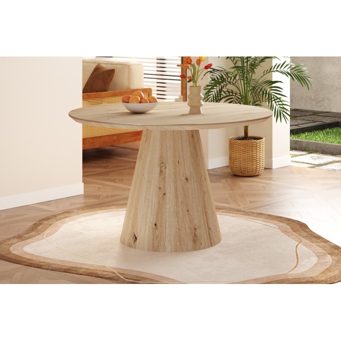Table à manger SOLENA – Ø120 cm – Coloris chêne vieilli – Design rond – Style contemporain et chaleureux 