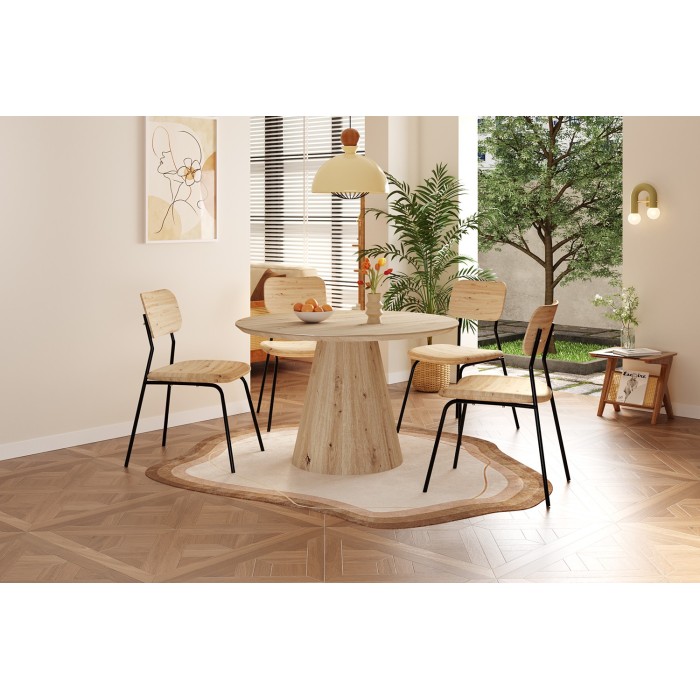 Table à manger SOLENA – Ø120 cm – Coloris chêne vieilli – Design rond – Style contemporain et chaleureux 