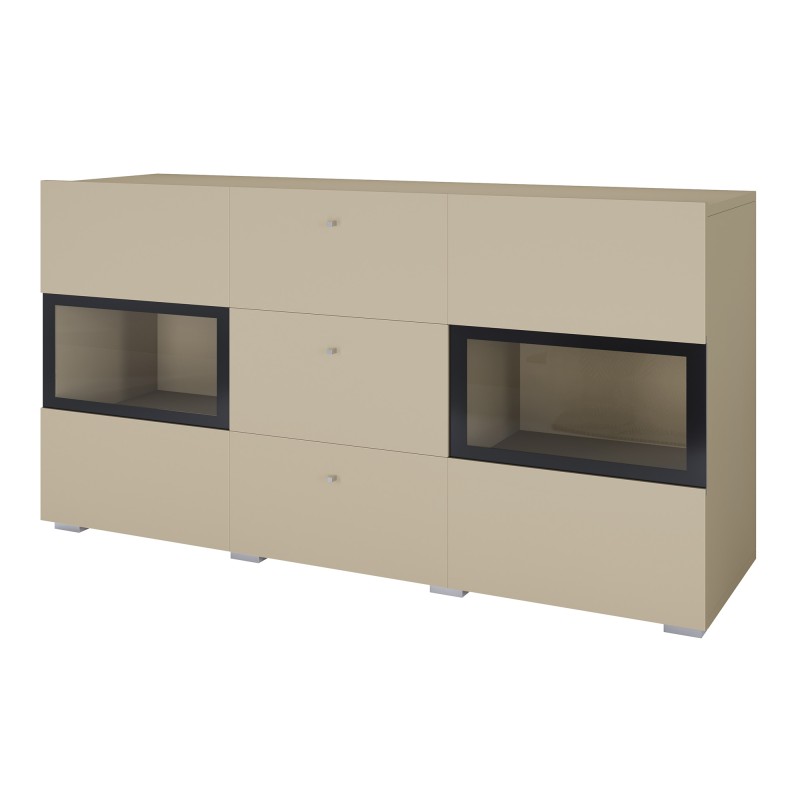 Buffet RAMOS 130 cm – Beige clair – 2 portes vitrées et 3 tiroirs – Sans LED