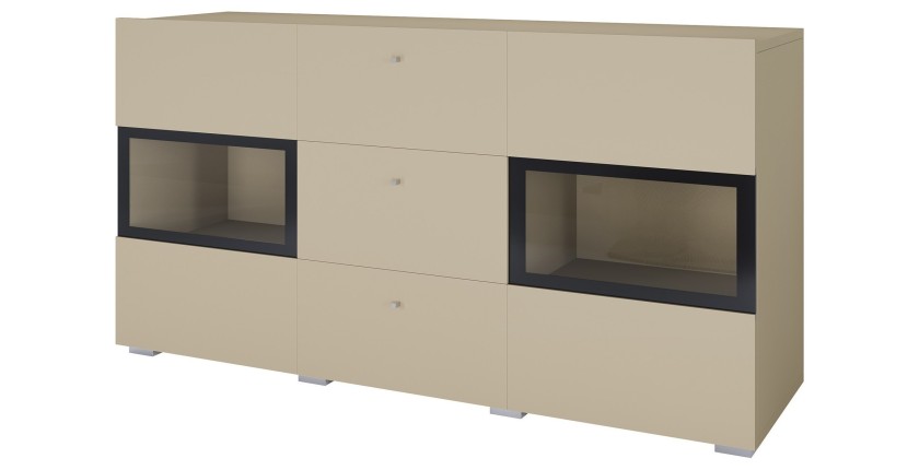 Buffet RAMOS 130 cm – Beige clair – 2 portes vitrées et 3 tiroirs – Sans LED