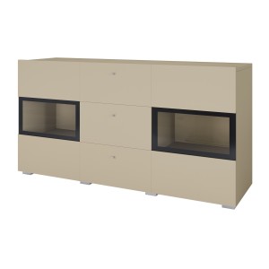 Buffet RAMOS 130 cm – Beige clair – 2 portes vitrées et 3 tiroirs – Sans LED