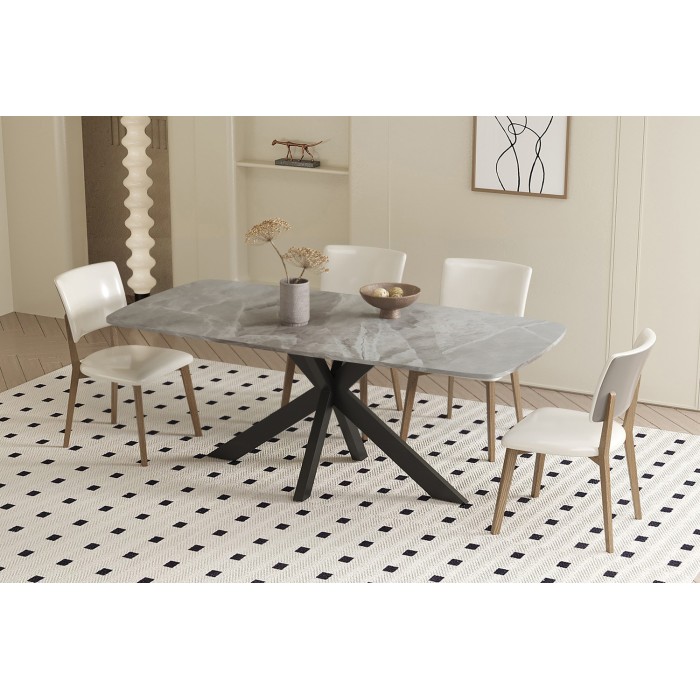 Table à manger ARVENA – 180x90 cm – Coloris pierre marbré – Plateau effet pierre – Design moderne et élégant 