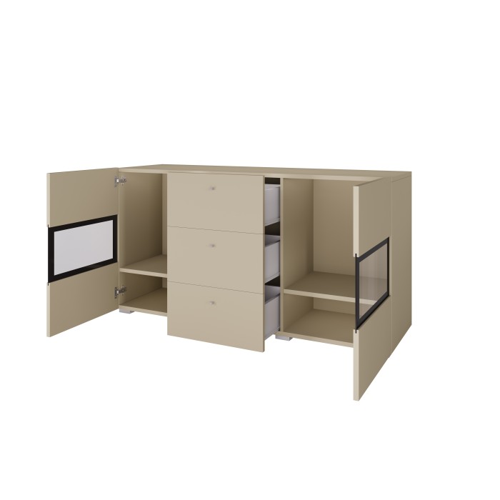 Buffet RAMOS 130 cm – Beige clair – 2 portes vitrées et 3 tiroirs – Sans LED