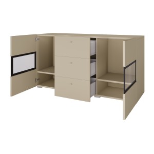 Buffet RAMOS 130 cm – Beige clair – 2 portes vitrées et 3 tiroirs – Sans LED