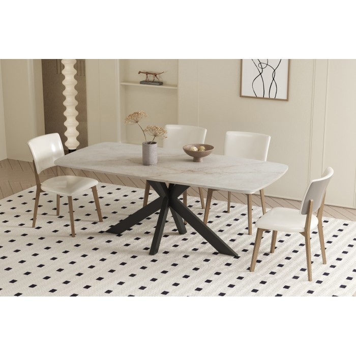 Table à manger ARVENA – 180x90 cm – Coloris pierre marbré beige – Plateau effet pierre – Design élégant et moderne 