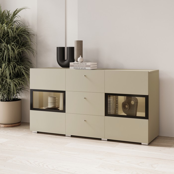 Buffet RAMOS 130 cm – Beige clair – 2 portes vitrées et 3 tiroirs – Sans LED