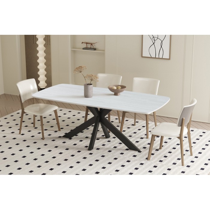 Table ARVENA 180x90 cm – Coloris pierre grise – Table salle à manger design – Plateau effet pierre et métal 