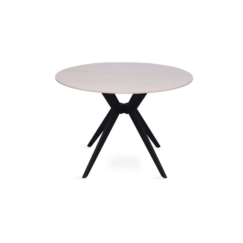 Table à manger ronde ARVENA – 110 cm – Plateau en pierre frittée – Coloris blanc – Design métal élégant 