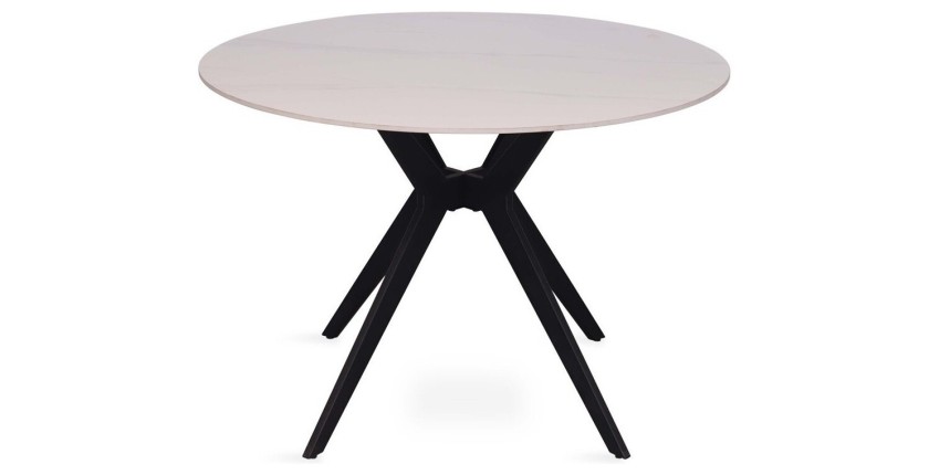 Table à manger ronde ARVENA – 110 cm – Plateau en pierre frittée – Coloris blanc – Design métal élégant 