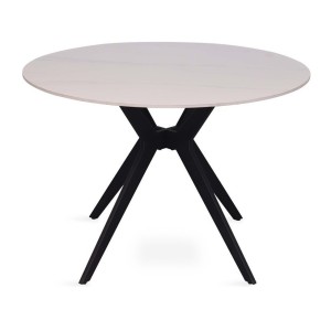 Table à manger ronde ARVENA – 110 cm – Plateau en pierre frittée – Coloris blanc – Design métal élégant 