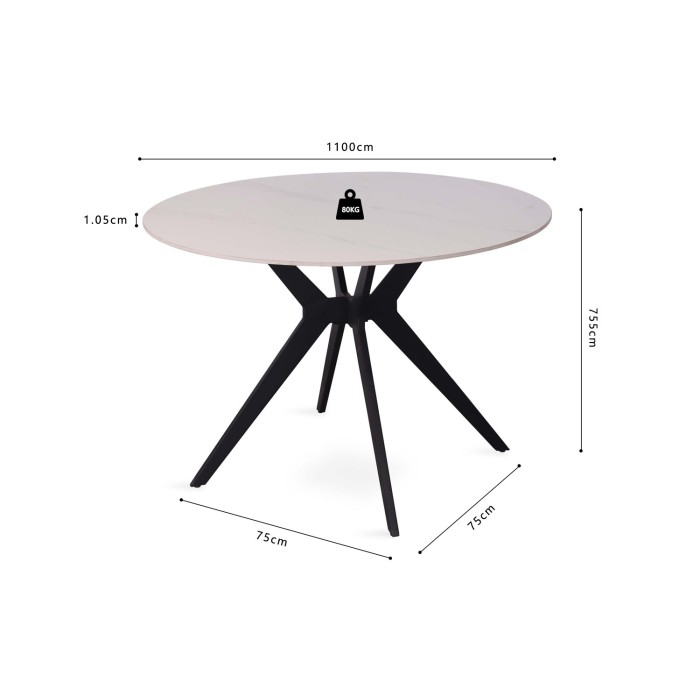 Table à manger ronde ARVENA – 110 cm – Plateau en pierre frittée – Coloris blanc – Design métal élégant 