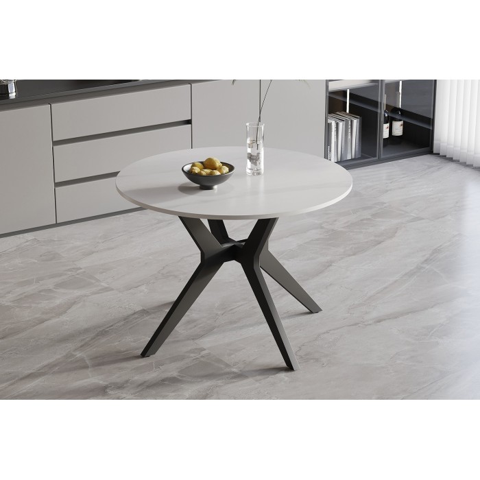 Table à manger ronde ARVENA – 110 cm – Plateau en pierre frittée – Coloris blanc – Design métal élégant 