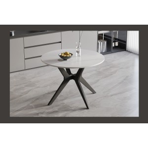 Table à manger ronde ARVENA – 110 cm – Plateau en pierre frittée – Coloris blanc – Design métal élégant 