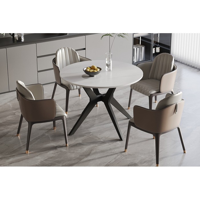 Table à manger ronde ARVENA – 110 cm – Plateau en pierre frittée – Coloris blanc – Design métal élégant 