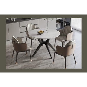 Table à manger ronde ARVENA – 110 cm – Plateau en pierre frittée – Coloris blanc – Design métal élégant 