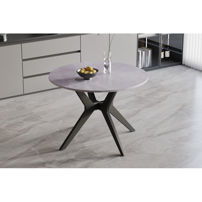 Table à manger ronde ARVENA – 110 cm – Plateau en pierre frittée – Coloris gris – Design contemporain et robuste 